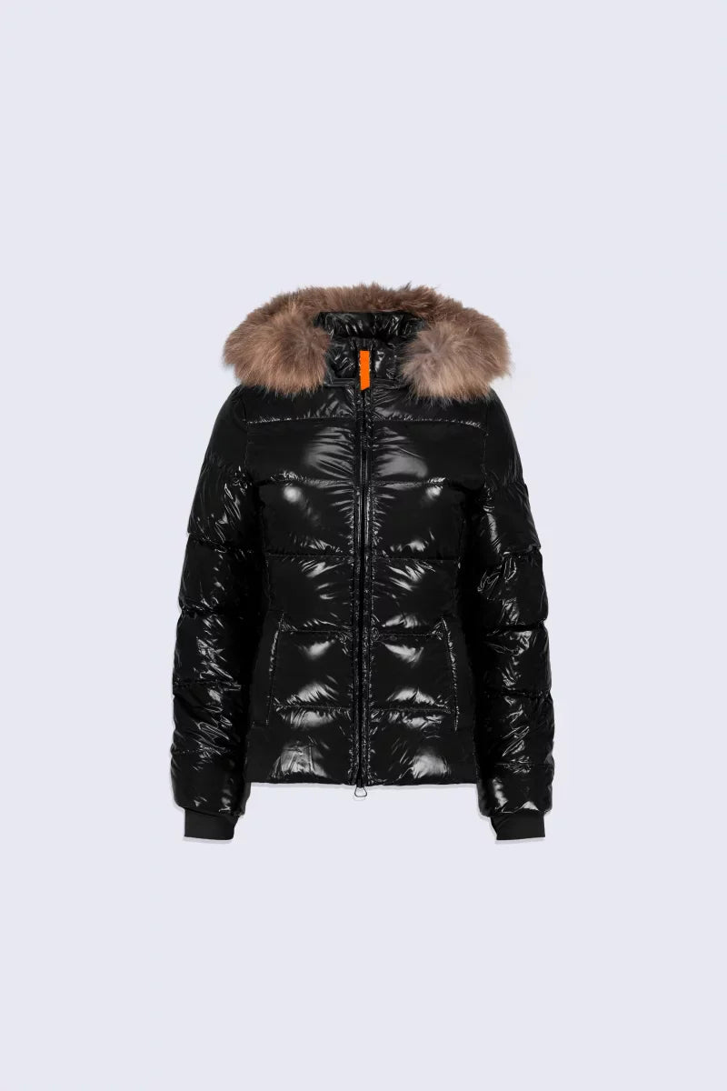 Doudoune glossy cintrée avec capuche en fourrure Olga Bright