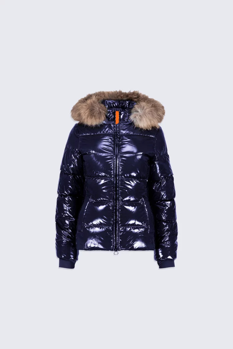 Doudoune glossy cintrée avec capuche en fourrure Olga Bright Dark Blue